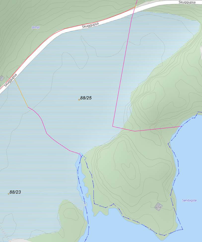Eiendomsgrense, rosa/gul linje