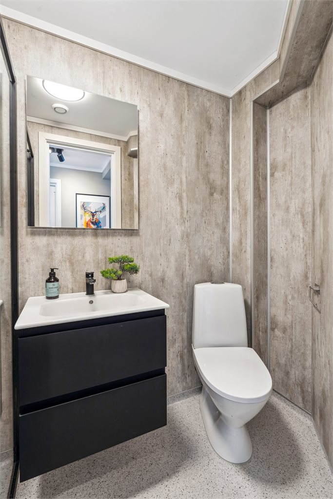 Baderom i denne etasjen er moderne og nylig oppgradert. Toalett, servant og dusj.