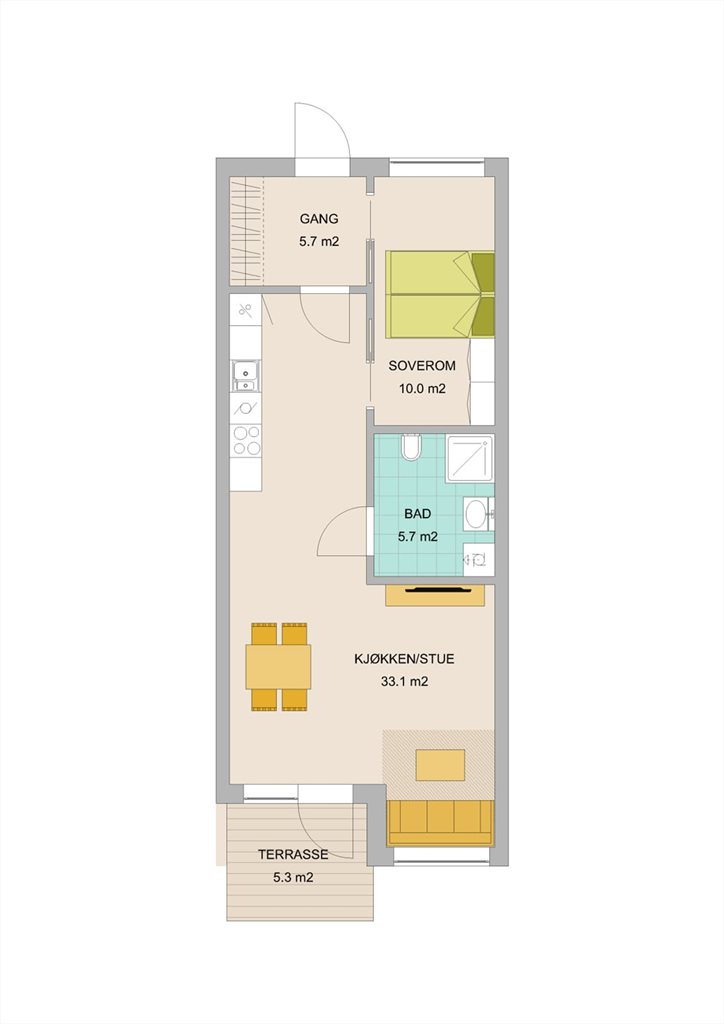 Plantegning leiligheter 56 kvm. Det er mulig med tilvalgsløsning med 2 soverom. 