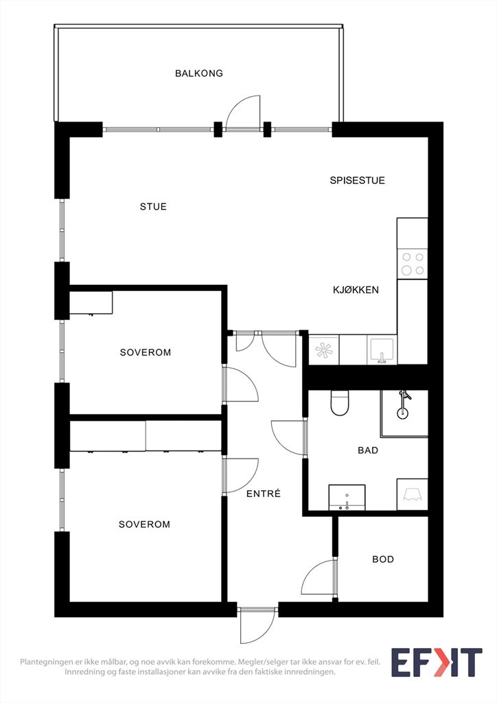 Gjennomtenkt planløsning med to soverom, romslig stue/kjøkken, bad og bod.