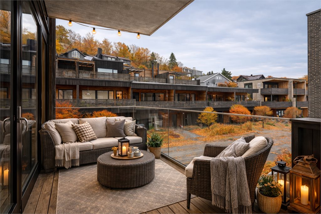 Illustrasjonsfoto - 3d stylet foto som viser mulig unyttelse av balkongen. Balkongen har en god plassering på enden/hjørnet av bygget