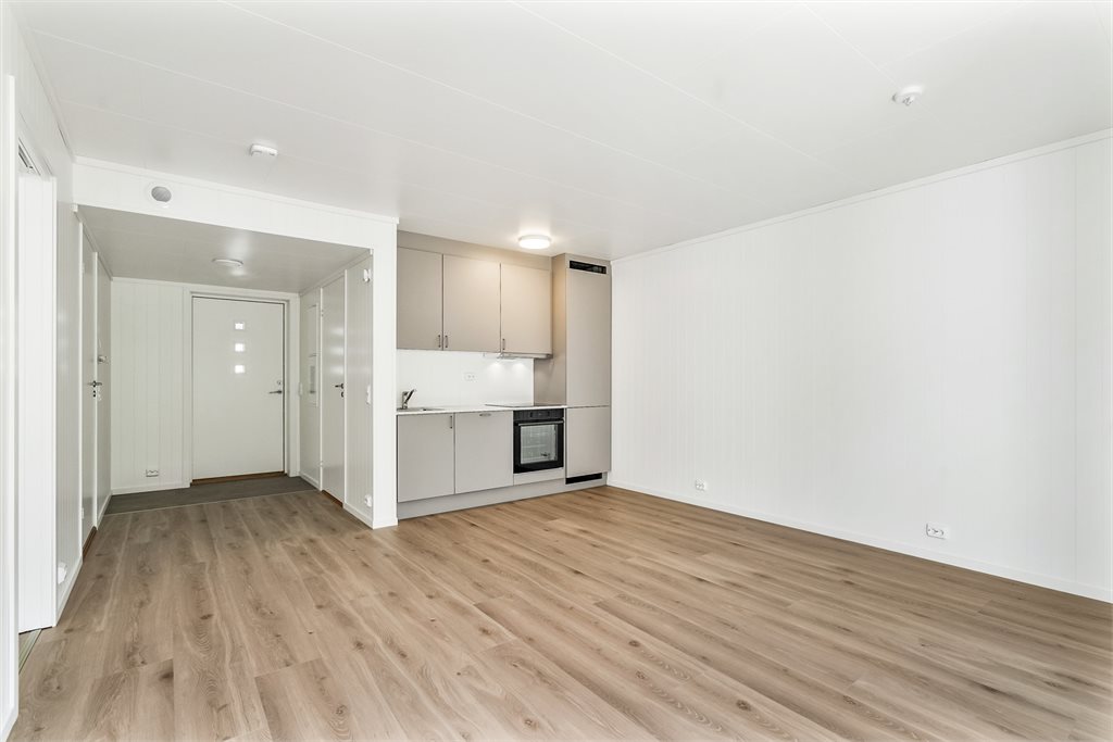 Kjøkken og entre, viser løsning hvordan kjøkken blir ved alternativ planløsning med 2 soverom (bilde fra tidligere bygget prosjekt for vise hvordan det blir)