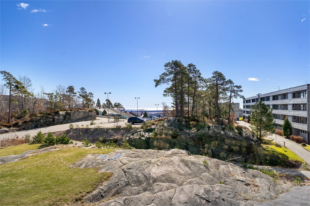 Flott utsikt fra balkong mot grønt og åpent nærområde.