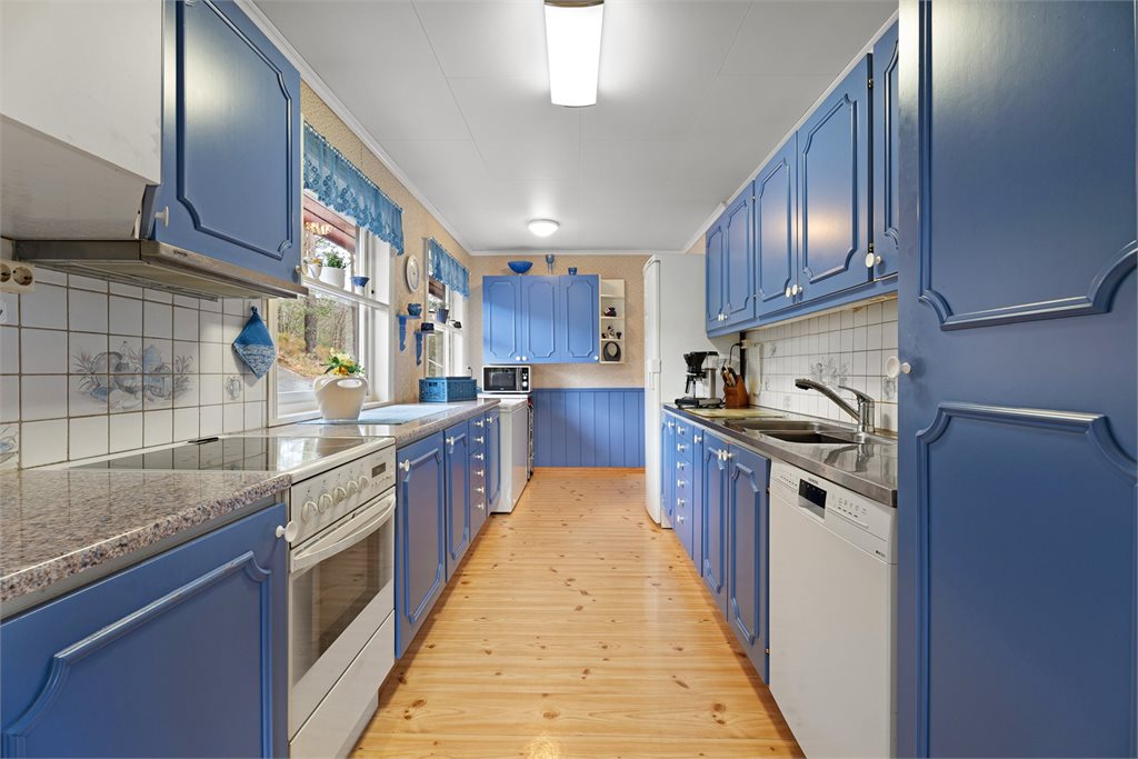 Eldre kjøkken med integrerte hvitevarer
