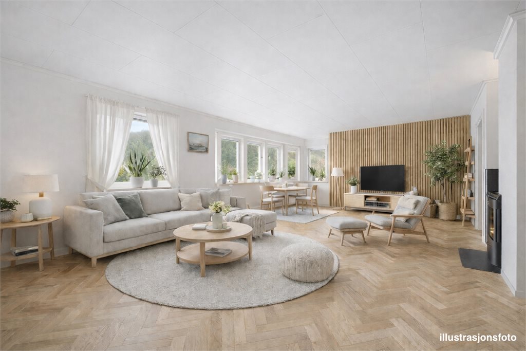 illustrasjon stue. Bilde er ment som inspirasjon til møblering og evt. oppgradering 