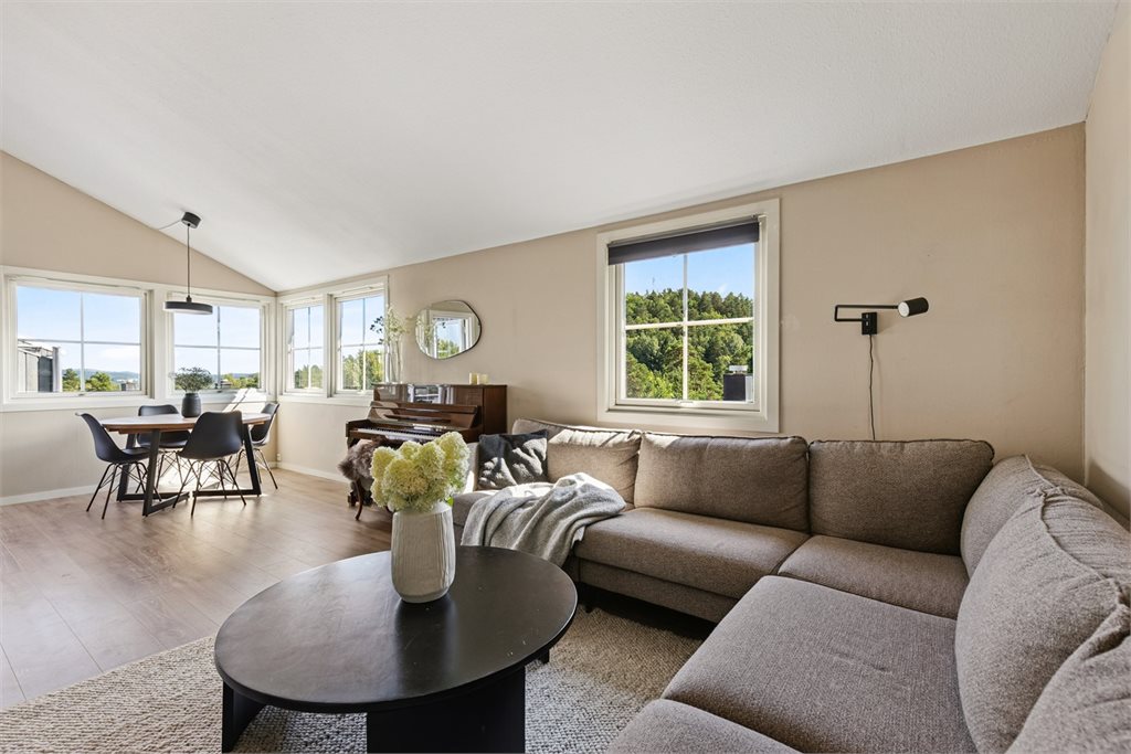 Stuen har flere vindusflater som gir en god romfølelse.