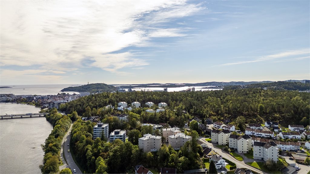 Dronebilde av området med nærhet til grønne omgivelser i bakhånd.