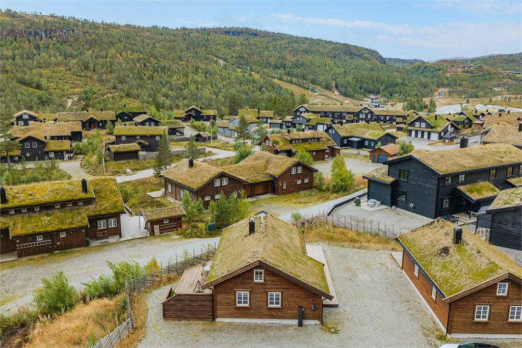 Dronebilde som viser hyttas fine beliggenhet i det etablerte hytteområdet på Brokke.