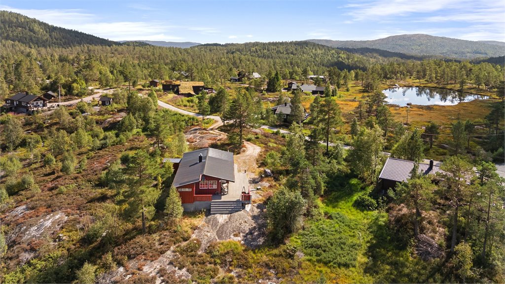 Hytta ligger fint til i et etablert og naturnært hytteområde, omgitt av skog og vakker sørlandsnatur.