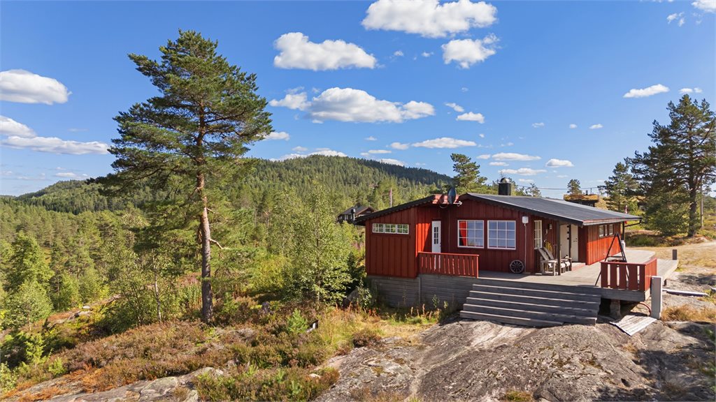Hytta har romslige utearealer og ligger harmonisk til blant furutrær, svaberg og lyng.