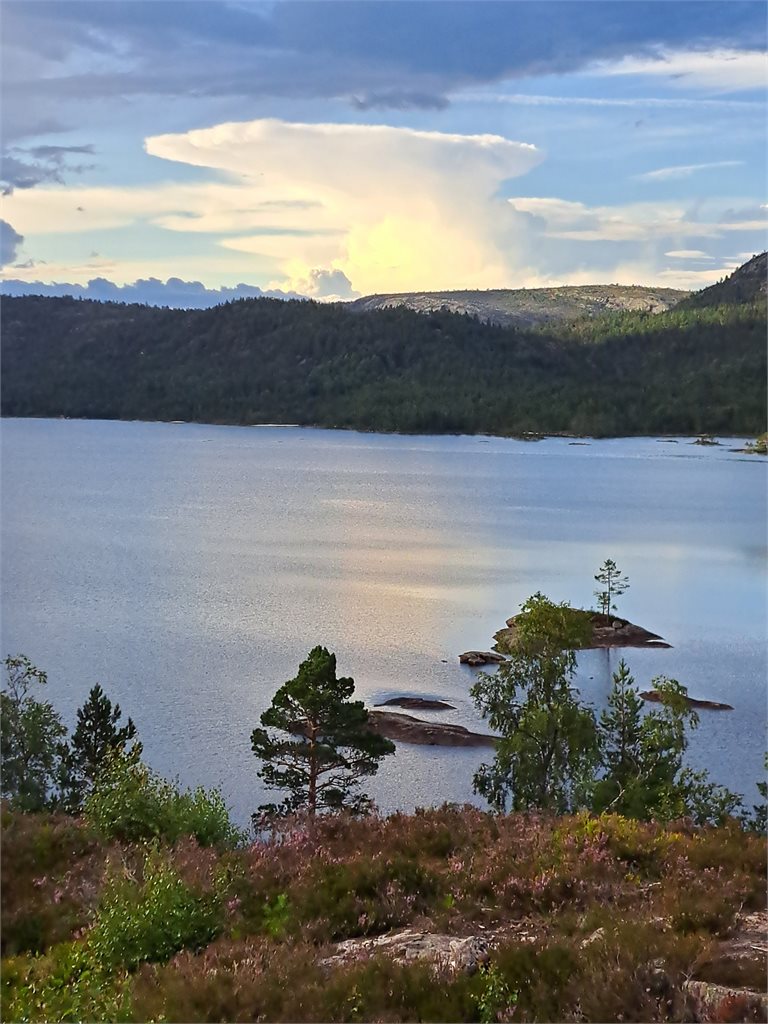 Skiftende lys over vann og fjell gir stadig nye naturopplevelser rett utenfor hyttedøren.
