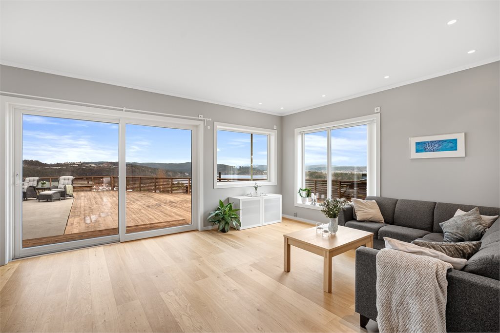 Stue med utgang til terrasse og flott utsyn
