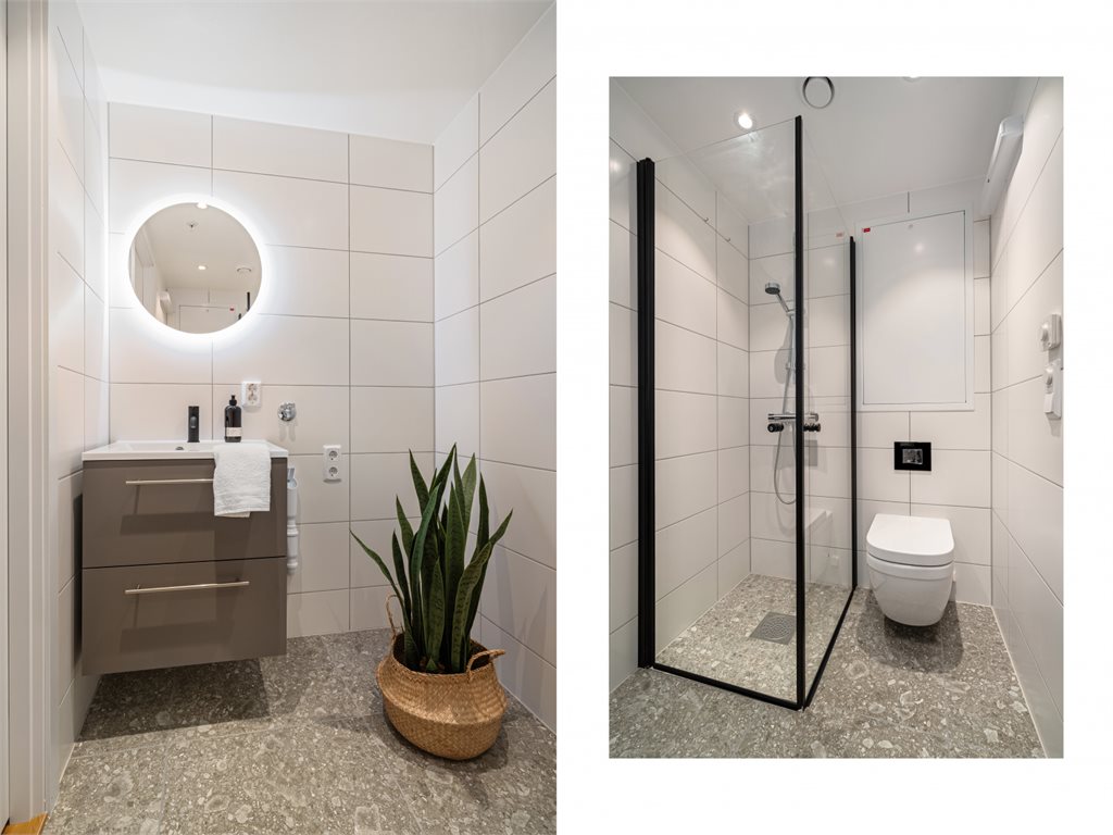 Lys og delikat
 baderom med fliselagt gulv og vegger.