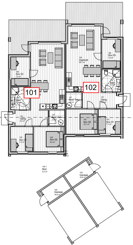 Plantegning Alfred Uglands veg 26 (101) og nr 24 (102)