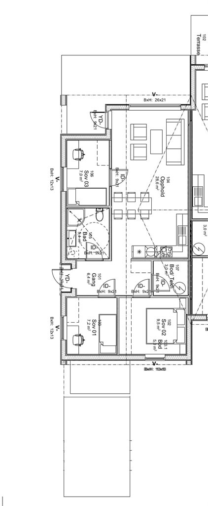 Plantegning Alfred Uglands veg nr 22 (103), nr 18 (105) og nr 14 (107)