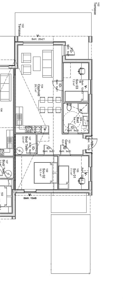 Plantegning Alfred Uglands veg 20 (104), nr 16 (106) og nr 12 (108).