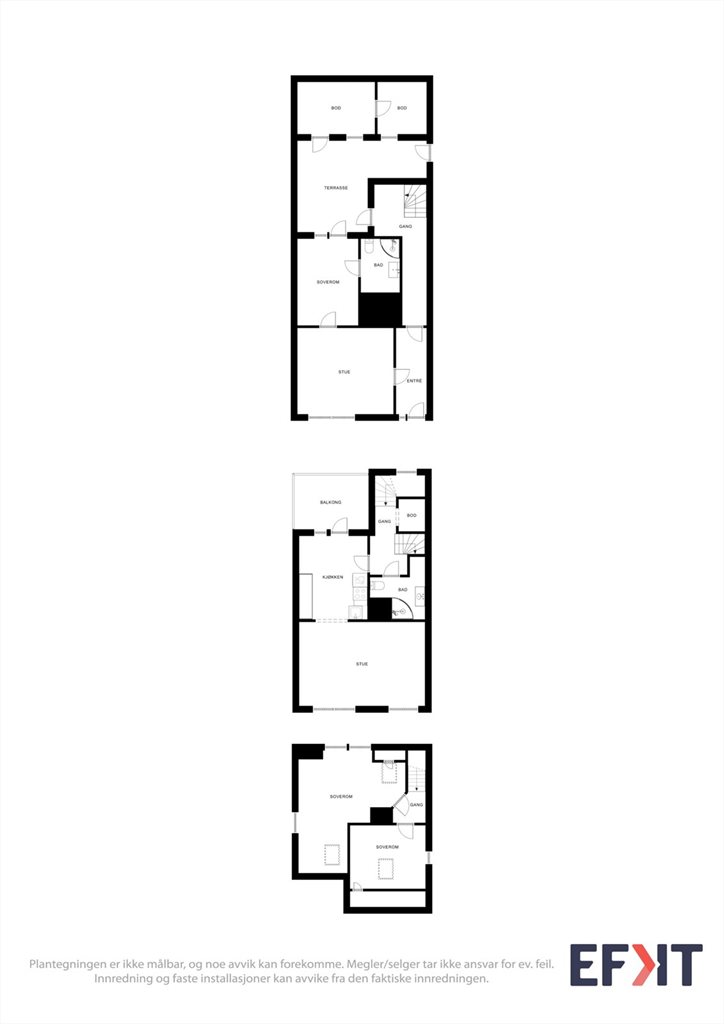Plantegning samlet oversikt over alle tre etasjene. 
