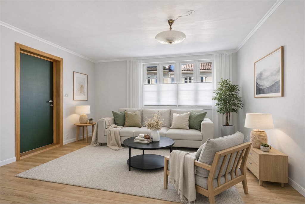 Digitalt inspirasjonsbilde stue 1. etg. Ikke nøyaktig målsatt og avvik i rommets utforming kan forekomme. 