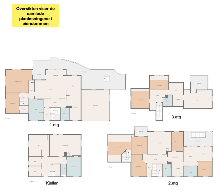 Samlet oversikt over planløsningene 