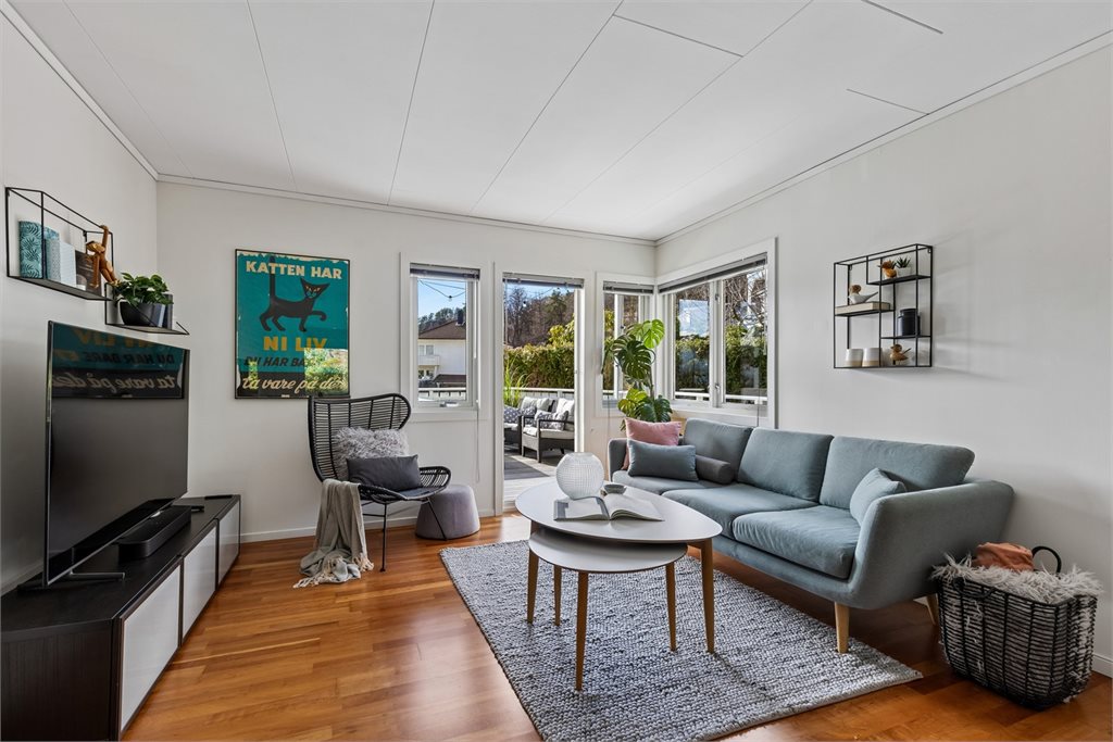 Trivelig stue med utgang til terrasse og godt lysinnslipp