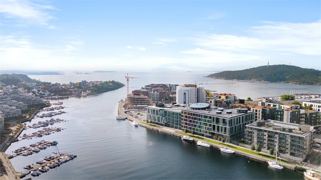 Dronefoto fra området. Tangen FYR er her dekket til 