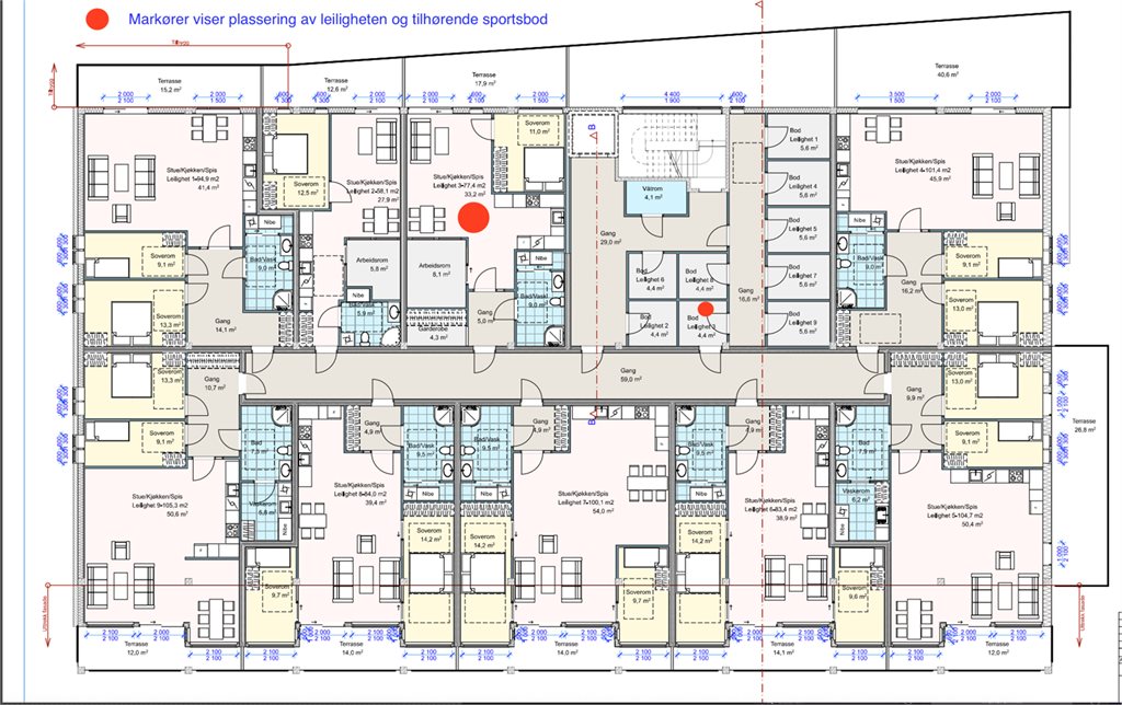 Leiligheten og bodens plassering i bygget 